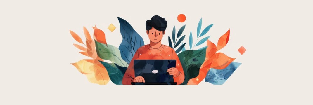 A watercolor illustration of a UX designer working on a laptop surrounded by foliage. The image symbolizes creativity, innovation, technology, and the natural world.