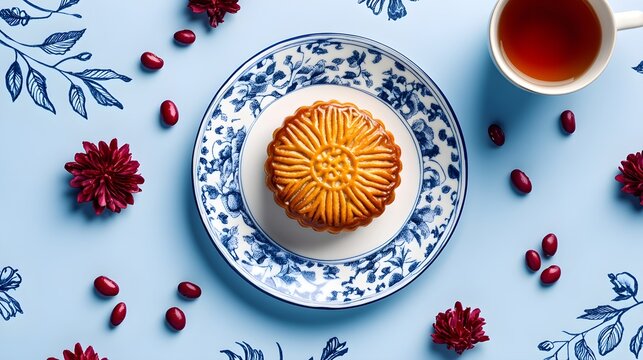 Traditional Chinese Mooncake with Red Beans, Lotus Seeds, and Tea in an Elegant Setting.