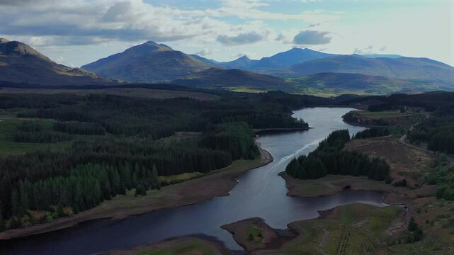 Aerial footage forward along the river coe looking towards Snowdonia