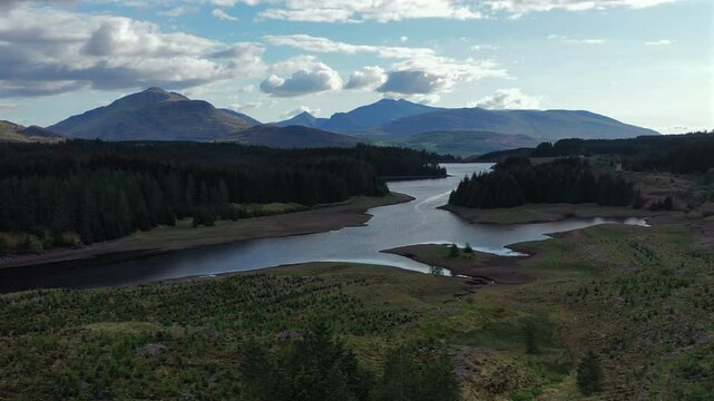 Aerial footage back along the river coe looking towards Snowdonia