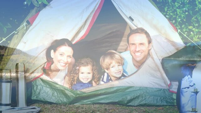 Family camping in tent over animation of child playing near water