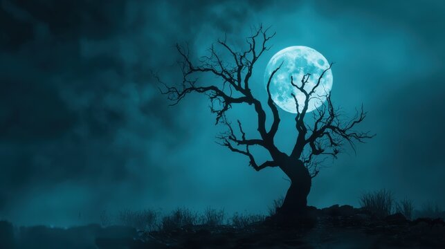 Spooky halloween background with silhouette dead tree at night full moon