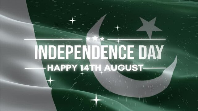 Pakistan Independence Day.Happy 14th august animation with lettering text, waving flag background, and fireworks.