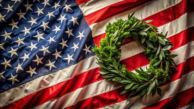 A decorated American flag proudly waves in the wind, surrounded by a wreath of laurel leaves, symbolizing patriotism, honor, and gratitude for those who have served.