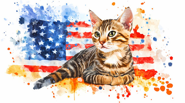 Savannah cat july watercolor animal patriotic with american flag celebration usa (united state) art cute cartoon for independence day memorial day clip art. Savannah. Illustration