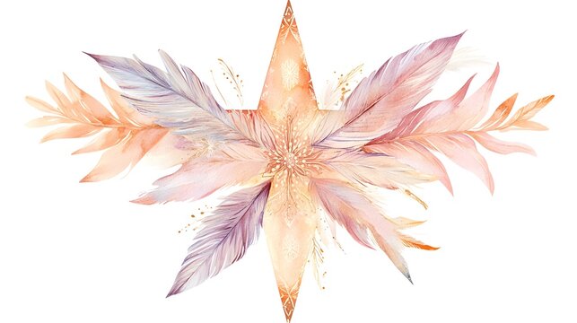 A soft pastel-colored watercolor clipart of a Christmas star adorned with flowing feathers, designed in a boho style with intricate details, isolated on a white background 