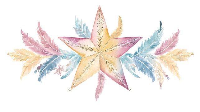 A soft pastel-colored watercolor clipart of a Christmas star adorned with flowing feathers, designed in a boho style with intricate details, isolated on a white background 