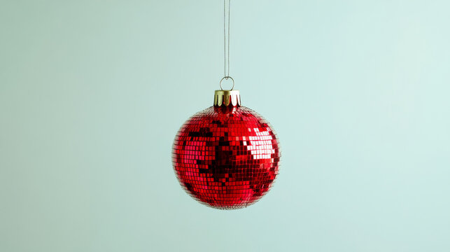 Red mirrored disco ball ornament on light green background, festive decoration concept