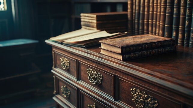 A Baroque-style chest of drawers in a dimly lit study, filled with ancient tomes and scrolls