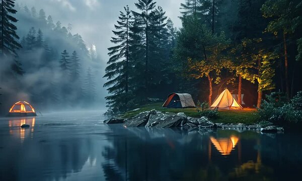 Camping by the River in a Misty Forest