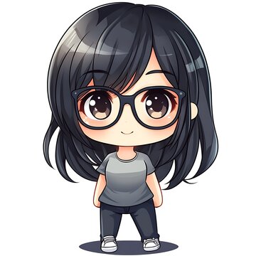 Cute anime girl chibi character with long black hair wearing glasses, casual clothes and sneakers.  Kawaii illustration, avatar, mascot.