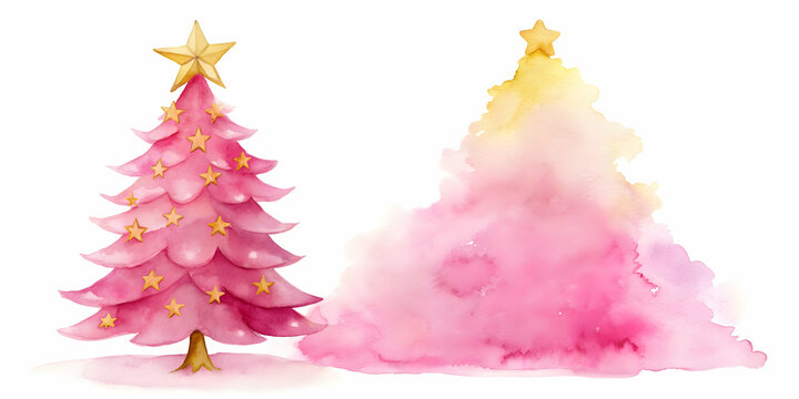 Watercolor pink Christmas tree with background and gold star ornament , watercolor, pink, Christmas tree, clipart