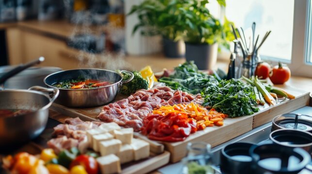 A beautifully arranged hot pot setup on a dining table, featuring a variety of ingredients like thinly sliced beef, tofu, and colorful vegetables, ready for cooking.