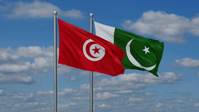 Pakistan and Tunisia flags flying together, video concept of the relationship, two country relations concept