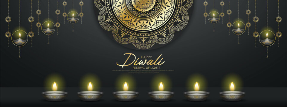 Happy Diwali - festival of lights colorful banner template design with decorative diya lamp.