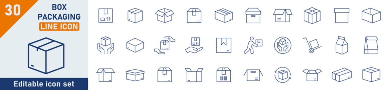 Box and Packaging line icon set. Set of 30 outline icons related to cargo, box, pack, crumpled box, delivery, pack box and others. Vector illustration.