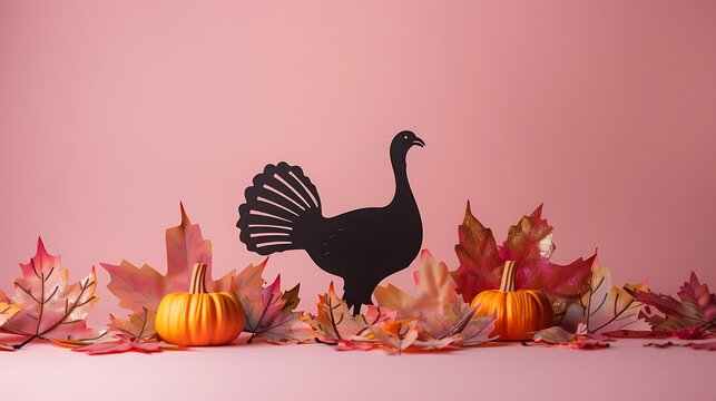 A minimalist Thanksgiving table design showing just a turkey silhouette with a small pumpkin and leaves gently scattered beneath it, on a muted pastel background 