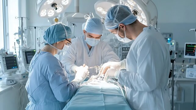 A high-angle shot of a hospital operating room, with sterile surfaces, advanced medical equipment, and a team of surgeons focused on a procedure. , Product photography with high resolution, studio