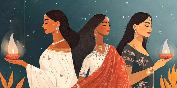 Elegant celebration: women in traditional attire holding diyas against starry night. diwali wishes