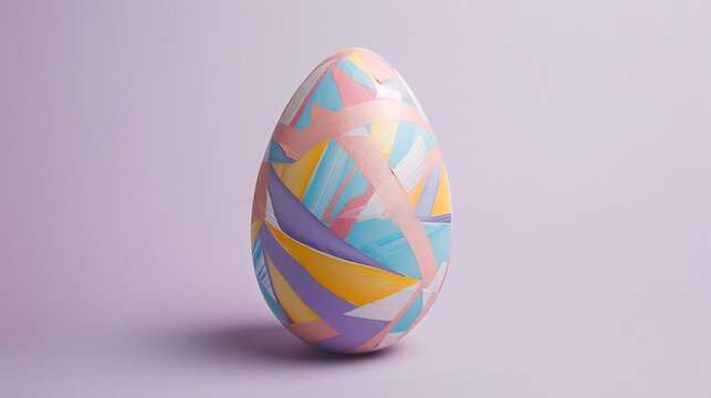 A pastel-colored Easter egg with a geometric pattern on a light purple background