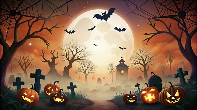 Whimsical Halloween scene with pumpkins, bats, and haunted house