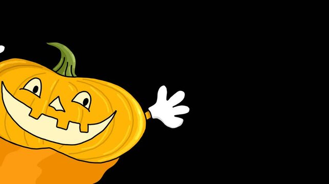 A hand-drawn pumpkin jumps and liquid flows down behind it. 2d Halloween theme transition with transparent background add alpha channel