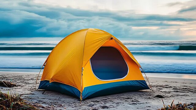 Yellow camping tent set up on a sandy beach near the ocean, representing outdoor adventure, coastal travel, and serene nature scenes.

