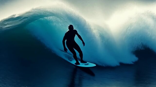 A surfer rides a large wave in the ocean on a sunny day