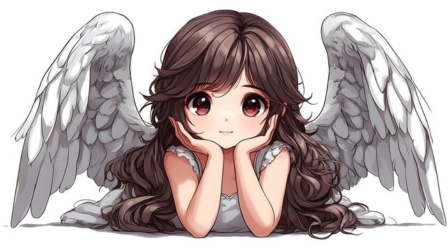 Cute anime angel girl with brown hair and large eyes, lying down with wings spread