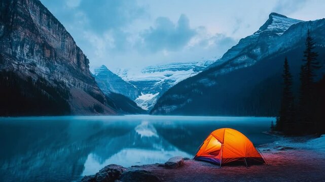 A tranquil camping experience by a serene lake surrounded by mountains at dusk