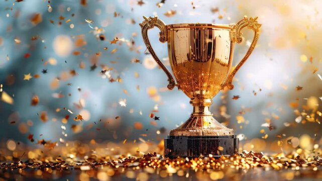 gold winners sports cup on festive golden background with confetti, design trophy, Golden symbol of winner, sport competition, championship concept, slow motion footage