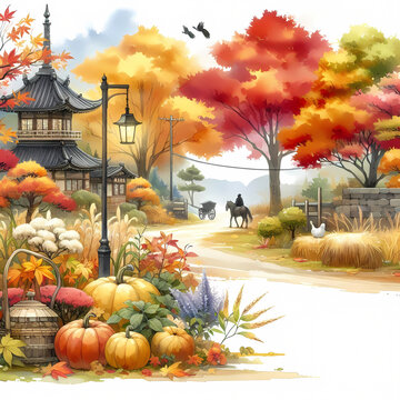 Pumpkins and leaves in a field clipart