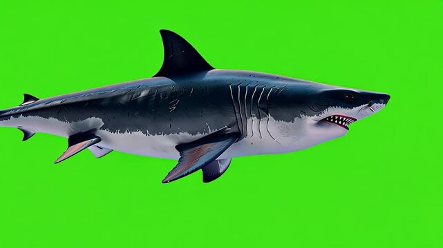 Shark in motion on green background for chroma key with cinematic camera angles