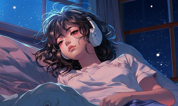 Anime girl with headphones dozes off in bed video lofi animation. Starry sky in window bedroom animated cartoon lo-fi HD clip motion graphics 2D. Peaceful slumber cozy chill concept