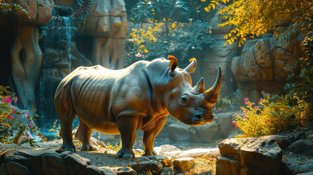 Big rhino in zoo or wildlife park, endangered large mammal with horn, African safari fauna animal in nature habitat.