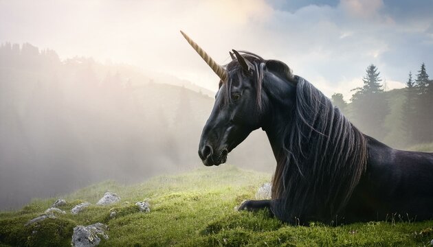 A black unicorn on green grassland; a beautiful black unicorn prancing and walking on the grass; mythical and fairytale beast; animal photography; 