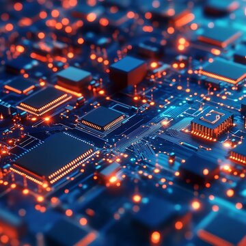 High-tech computer circuit board showcasing processor chip in digital concept.