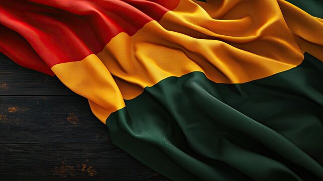 Close-up of the Karnataka flag draped elegantly over a wooden surface, showcasing its vibrant colors,