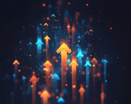 Abstract generative AI background with colorful orange and blue arrows pointing up, symbolizing growth and positive business trend