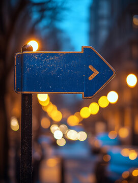 Blue arrow street sign with bokeh city lights