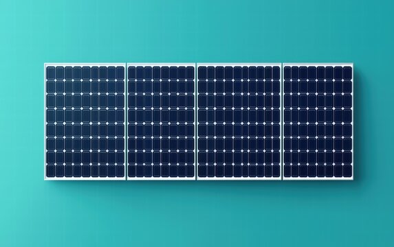 A flat rectangular solar panel with visible cell textures, isolated on a rich teal background