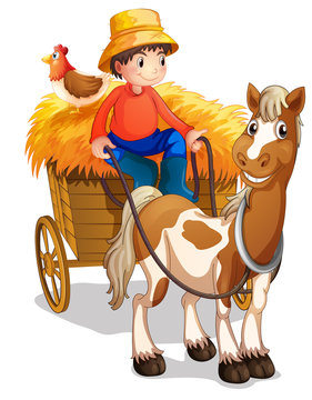 A farmer riding a cart with a chicken at his back