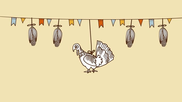 Thanksgiving day background with hand drawn corn, turkey and party flags, seamless loop background, flash 2D animation