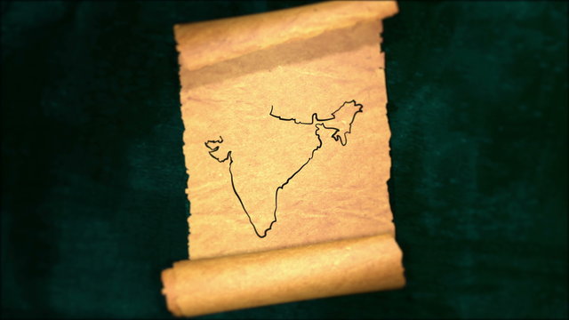 India Map Painting Unfolding Old Paper Scroll 3D 4K