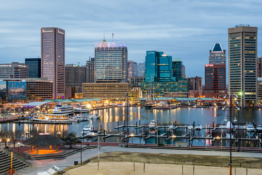 Waterfront of Skyline from Federal Hill Baltimore, Maryland look