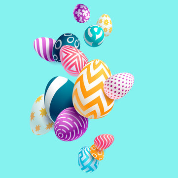 Composition of 3D Easter eggs. Holiday background.