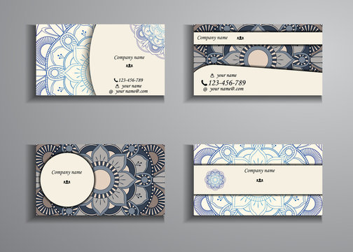 visiting card and business card big set. Floral mandala pattern and ornaments. Oriental design Layout, ottoman motifs. Front page and back page.