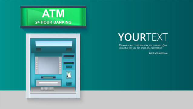 Bank Cash Machine. ATM - Automated teller machine with blank screen and carefully drawn details on white backdrop. Template for flyers, cover, presentation or poster.