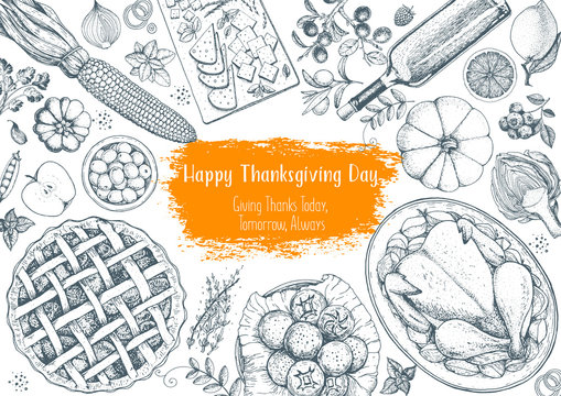 Thanksgiving day top view vector illustration. Food hand drawn sketch. Festive dinner with turkey and potato, apple pie, vegetables, fruits and berries, cheese. Autumn food sketch. Engraved image.