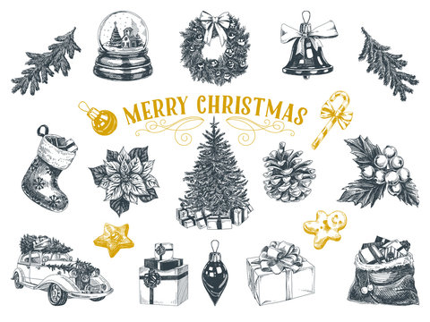 Beautiful vector hand drawn christmas Illustrations set.